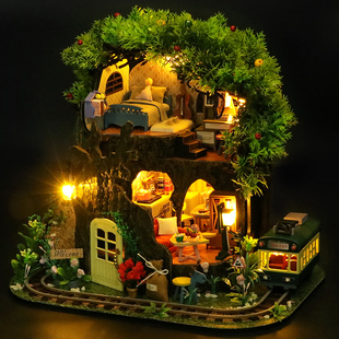 diy小屋森林树屋手工制作小房子模型别墅玩具屋男孩生日礼物女孩