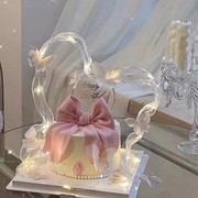 网红女神生日蛋糕装饰发光飘带摆件粉色糯米纸，蝴蝶结仙女蛋糕插件