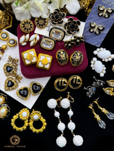 vintage中古首饰trifari黑白，monet水晶珐琅珍珠耳环，耳夹耳钉集