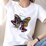 蝴蝶字母上衣网红时尚洋气ins印花女打底衫圆领休闲通勤短袖T恤