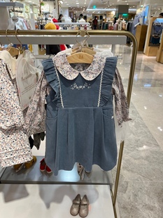 韩国童装 秋女童宝宝碎花长袖翻领打底衫 荷叶边背带裙套装