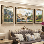 高档欧式古典装饰画客厅纯手绘油画，三联组合有框美式壁画挂画大气