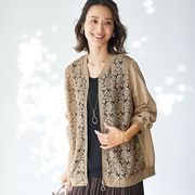 日本24春夏妈妈款纯棉蕾丝花样拼接长袖短外套2色有大码M-5L