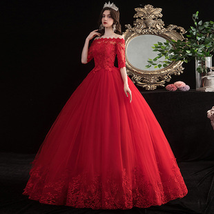 一字肩红色婚纱礼服2023新娘结中轴齐地大码显瘦公主简约春夏