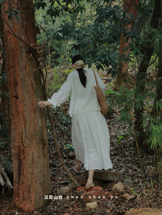 棉麻少女褶皱法式复古长袖，衬衫荷叶边森系田园风白色双层半裙提花