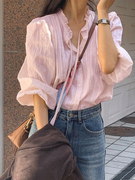 韩系花边领衬衫女春夏泡泡，袖甜美衬衣轻法式肌理，感微透感长袖上衣