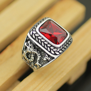 民族风复古中国龙纹戒指男潮人时尚，个性钛钢指环红绿宝石食指戒子