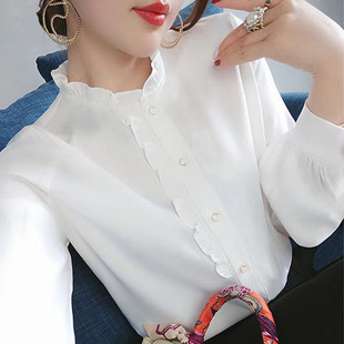 衬衫女白色木耳花边时尚，减龄洋气小衫褂外穿衬衣雪纺衫红色上衣女