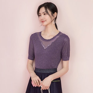 2024夏季女装商场同款紫色修身圆领钉珠短袖针织衫KZ02698T4