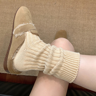 勃肯鞋袜子女秋冬粗线堆堆，袜纯棉针织毛线中筒袜，配雪地靴白色长袜