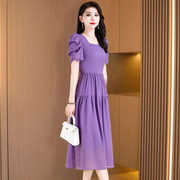 紫色雪纺连衣裙子2024夏季高端精致气质名媛高级感礼服十三行品牌