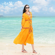 巴厘岛民族风刺绣连衣裙大码显瘦泰国沙滩裙女夏海边(夏海边)度假长裙