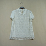 外贸原单日系甜美衬衫女夏季白色雪纺蕾丝镂空短袖衬衣
