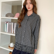 港风复古黑色格子花边衬衫外套女春季高级感衬衣休闲宽松长袖上衣