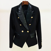 2023欧美明星款黑色小西服，pu皮西装，领双排扣修身西装外套