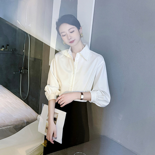 高级感白色半袖衬衫女设计感小众，宽松灯笼袖夏季工装通勤抗皱衬衣
