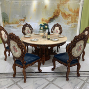 欧式圆餐桌全实木，雕花大理石餐桌圆形，饭桌奢华餐厅餐桌椅组合家具
