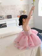 夏季女童中小童甜美可爱吊带裙粉色儿童公主裙球球纱裙3311