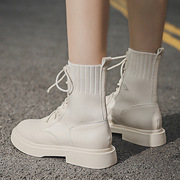 白色短靴2023年秋款平底系带，网红马丁靴女透气针织，弹力瘦瘦靴加绒
