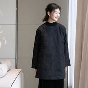 新中式黑色棉服女中长款天丝亚麻，提花中式斜襟，保暖棉衣棉袄a1108