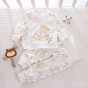 婴儿衣服a类纯棉0-3-6个月，宝宝分体套装，薄款婴儿高腰护肚裤套装秋