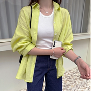 韩国衬衣2024春夏女装，吸睛亮色宽松防晒透气亚麻长袖衬衫