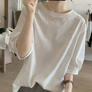 欧货大版白色七分袖t恤女夏季纯棉别致小众宽松设计感灯笼袖上衣