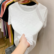 竹节棉t恤女韩版纯色短袖白色，体恤上衣夏季百搭大圆领打底衫