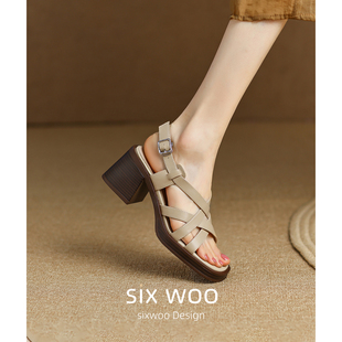 sixwoo杏色复古风罗马凉鞋，女露趾交叉带高跟鞋，粗跟法式夏季鞋子