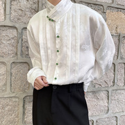 秋季中国风男装个性提花缎面褶皱立领衬衫男长袖新中式休闲上衣潮