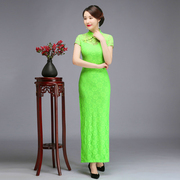 绿色改良旗袍女夏季年轻款，气质少女民国风，复古长款优雅连衣裙016