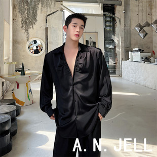 24春夏anjell时尚韩国版男装，起义黑白纯色，褶皱v领发型师长袖衬衫
