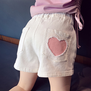 女童短裤夏装2024洋气儿童，韩版外穿爱心牛仔，短裤女孩时髦热裤