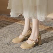 旗袍鞋2024文艺女鞋秋粗跟伴娘配裙子新中式法式玛丽珍高跟鞋