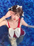 Mimoi日系可爱2024复古泳装 网红色蝴蝶结裙式连体游泳衣女夏