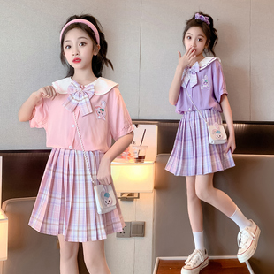 女童学院风套装夏装短袖中大儿童时髦洋气百褶裙jk制服两件套