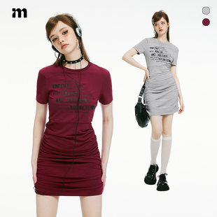 imone酒红色字母印花褶皱T恤连衣裙女夏季设计感小众短裙