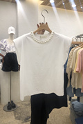韩国东大门2023夏季纯色钉珠装饰圆领短袖T恤女洋气百搭上衣
