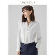 ladyselite2023春夏女士白色衬衫长袖，v领小众设计感百搭上衣