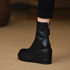 misili防水台坡跟短靴秋冬季9.5cm黑色高跟鞋厚底真皮女靴子