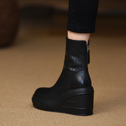 misili 防水台坡跟短靴秋冬季9.5cm黑色高跟鞋厚底真皮女靴子