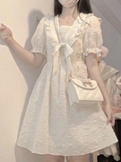 法式初恋白色蝴蝶结连衣裙，女夏季学院风泡泡，袖收腰显瘦短裙子