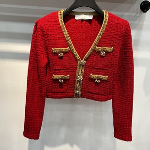 法式品质女装套装长半裙 V领重工手工钉珠小香风新年红针织两件套