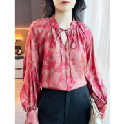 左左家红色印花重磅斜纹真丝，衬衫女v领系带宽松灯笼袖桑蚕丝上衣