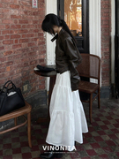 vinonita法式复古白色蕾丝半身裙女春秋款小个子高腰显瘦气质长裙