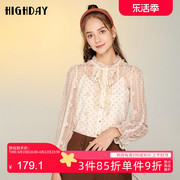 highday轩日春秋复古法式蕾丝花边上衣女小众长袖圆点系带衬衫ins