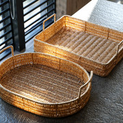 日式编织茶杯收纳盘托盘篮子，藤编客厅水果篮面包筐厨房餐具厨具