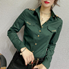 衬衫女长袖2024修身韩版绿色时尚肩章气质工装上衣职业衬衣女