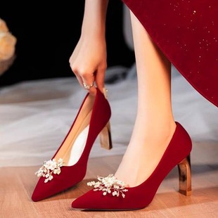 红色婚鞋女秀禾服两穿高跟新娘鞋2024孕妇粗跟中式婚宴礼服鞋