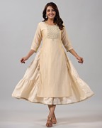 印度进口2024女装刺绣假两件套头中长款杏色印巴风情连衣裙